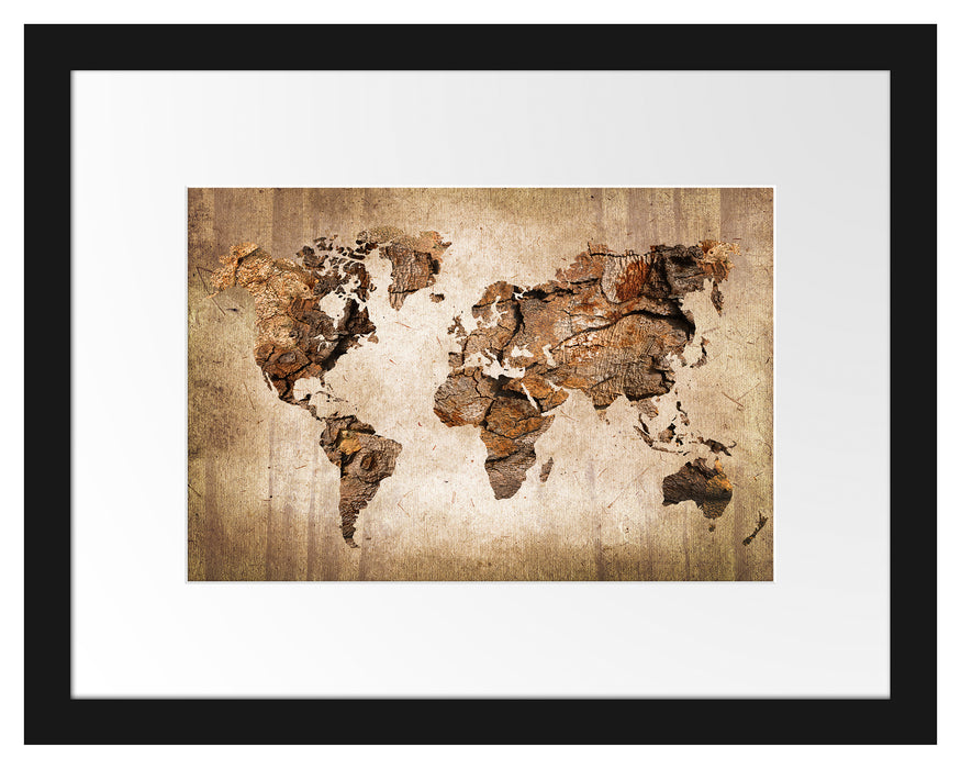 Pixxprint Weltkarte auf altem Holz, im Galerie-Passepartout Bilderrahmen