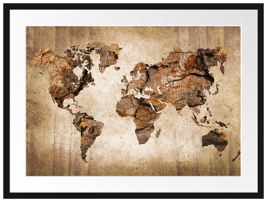 Weltkarte auf altem Holz Passepartout Rechteckig 80