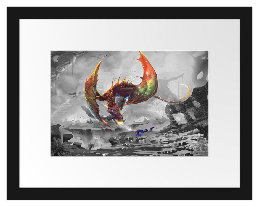 Pixxprint Kampf mit feuerspeiendem Drachen B&W Detail, im Galerie-Passepartout Bilderrahmen