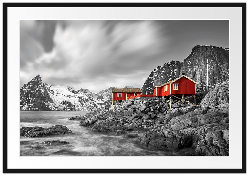 Einsames rotes Haus am Meer in Norwegen B&W Detail Passepartout Rechteckig 100