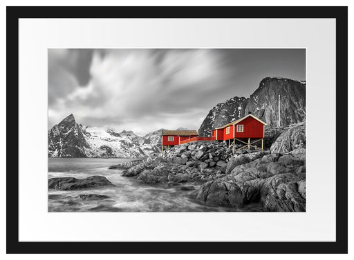 Einsames rotes Haus am Meer in Norwegen B&W Detail Passepartout Rechteckig 40