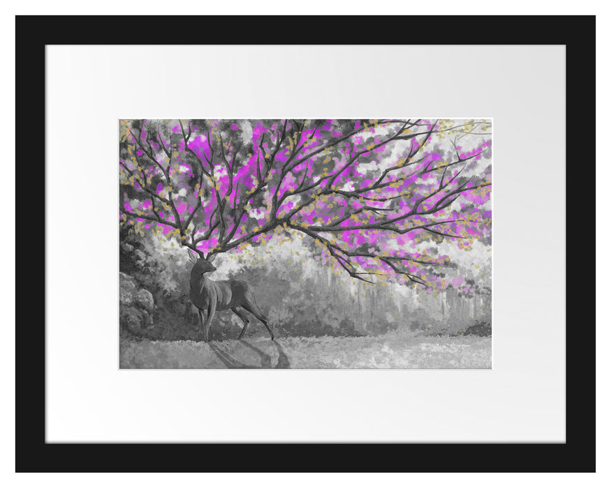 Pixxprint Fantasievoller Hirsch mit Baumgeweih B&W Detail, im Galerie-Passepartout Bilderrahmen