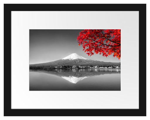 Berg Fujiyama mit herbstlich rotem Baum B&W Detail Passepartout Rechteckig 30