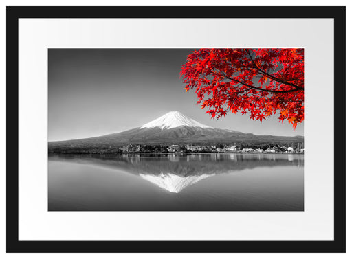 Berg Fujiyama mit herbstlich rotem Baum B&W Detail Passepartout Rechteckig 40