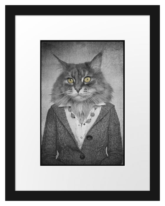 Pixxprint Katzenkopf mit Menschenkörper Blazer B&W Detail, im Galerie-Passepartout Bilderrahmen