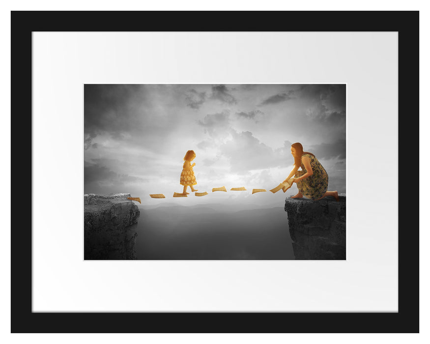 Pixxprint Kind läuft auf Papier über Abgrund B&W Detail, im Galerie-Passepartout Bilderrahmen
