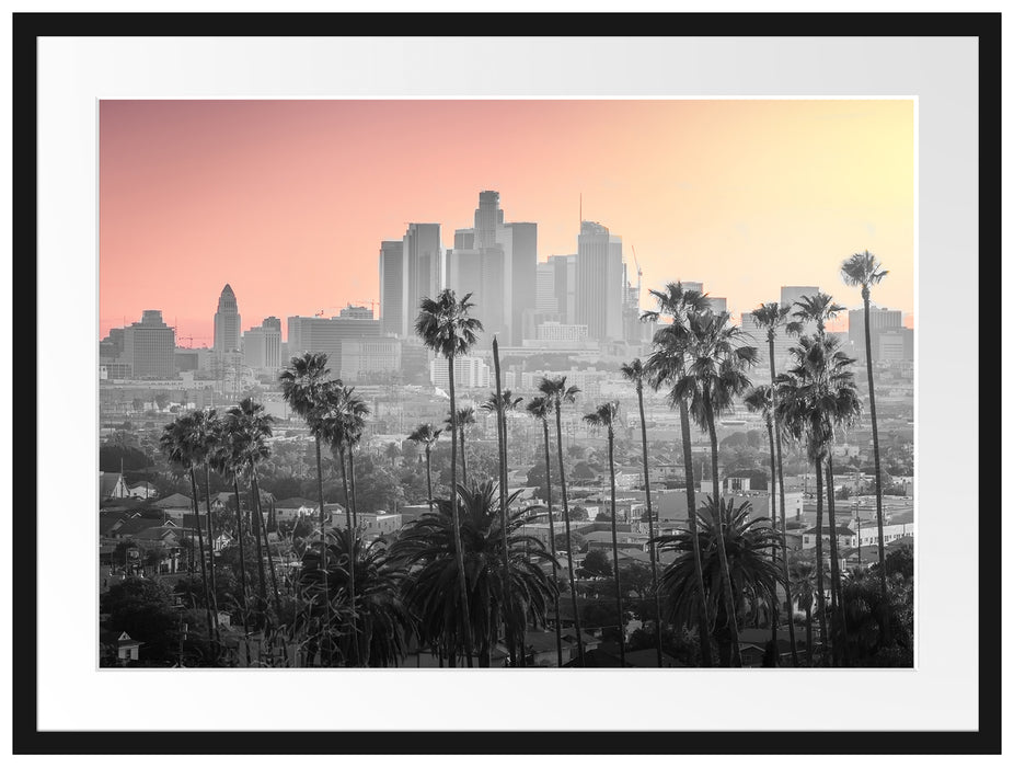 Palmen vor Skyline von Los Angeles B&W Detail Passepartout Rechteckig 80