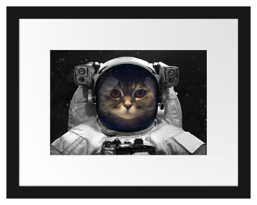 Pixxprint Astronautenkatze im Weltraum B&W Detail, im Galerie-Passepartout Bilderrahmen