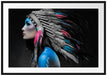 Frau mit buntem indianischen Kopfschmuck B&W Detail Passepartout Rechteckig 100