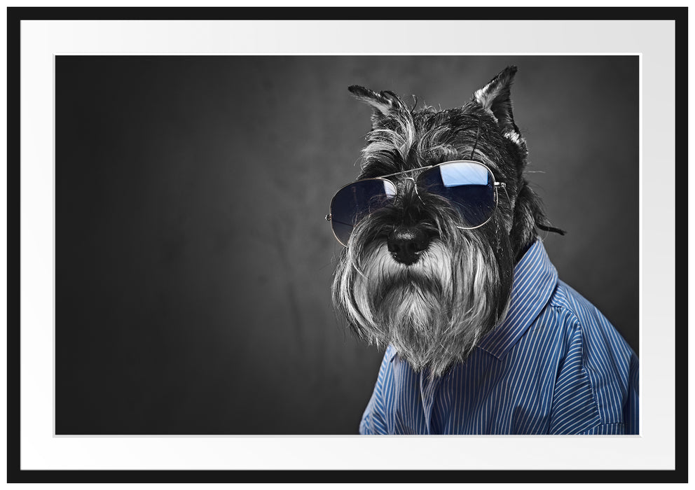 Lustiger Hund mit Hemd und Sonnenbrille B&W Detail Passepartout Rechteckig 100