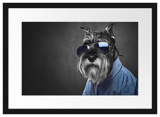 Lustiger Hund mit Hemd und Sonnenbrille B&W Detail Passepartout Rechteckig 40