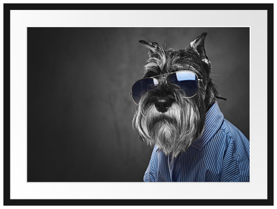 Lustiger Hund mit Hemd und Sonnenbrille B&W Detail Passepartout Rechteckig 80