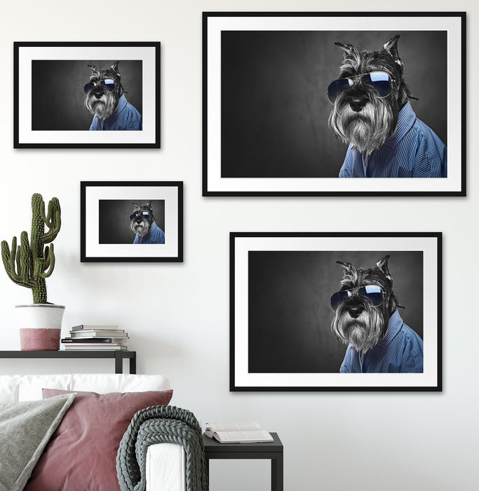 Lustiger Hund mit Hemd und Sonnenbrille B&W Detail Passepartout Wohnzimmer Rechteckig
