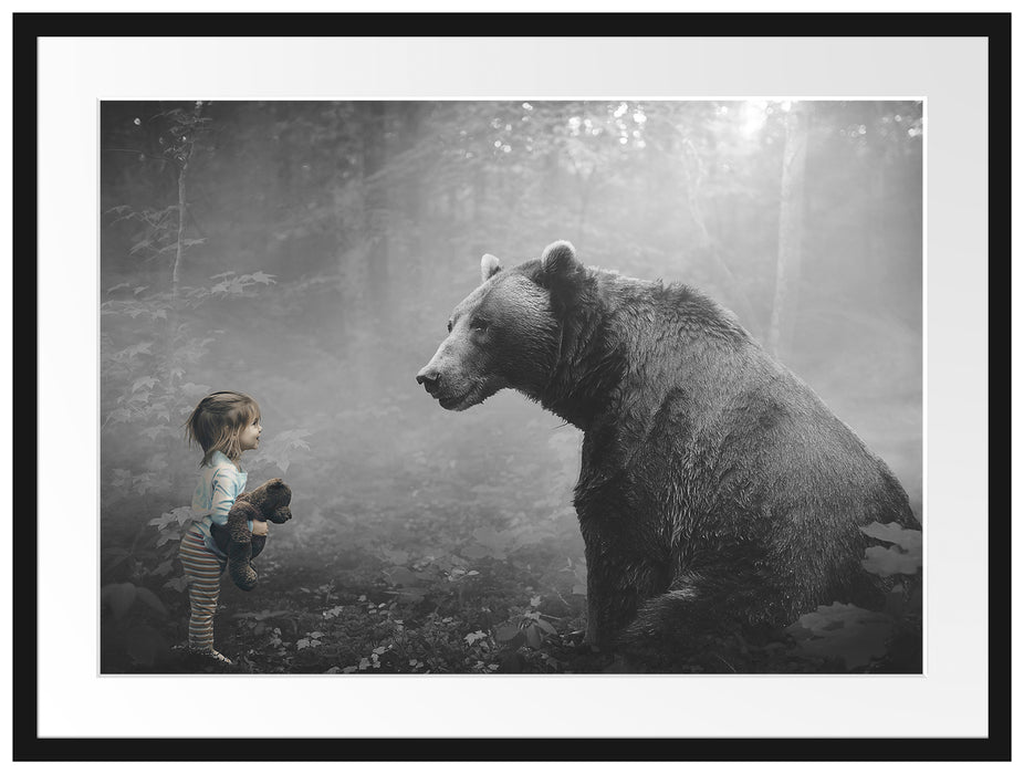 Mädchen mit Teddy und Bär im Wald B&W Detail Passepartout Rechteckig 80