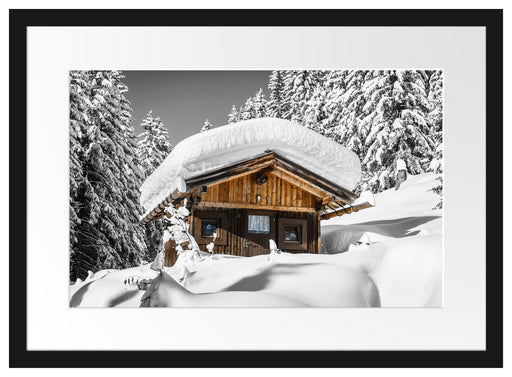 Verschneite Skihütte in Alpenwald B&W Detail Passepartout Rechteckig 40