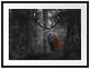 Hirsch im Wald schaut neugierig in die Kamera B&W Detail Passepartout Rechteckig 80