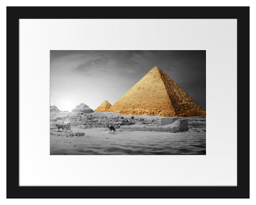 Pixxprint Pyramiden in Ägypten bei Sonnenuntergang B&W Detail, im Galerie-Passepartout Bilderrahmen