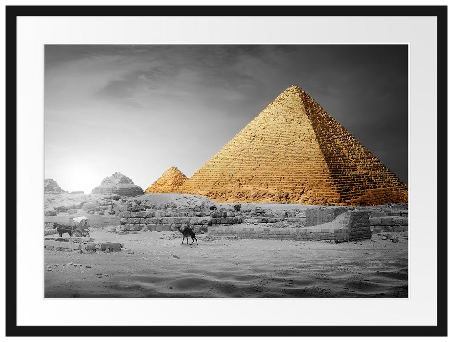 Pyramiden in Ägypten bei Sonnenuntergang B&W Detail Passepartout Rechteckig 80