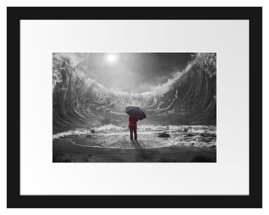 Pixxprint Hohe Wellen um Menschen mit Regenschirm B&W Detail, im Galerie-Passepartout Bilderrahmen