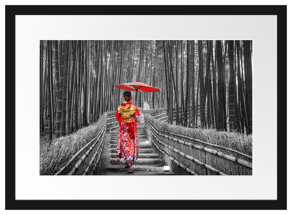 Frau im janapischen Kimono im Bambuswald B&W Detail Passepartout Rechteckig 40