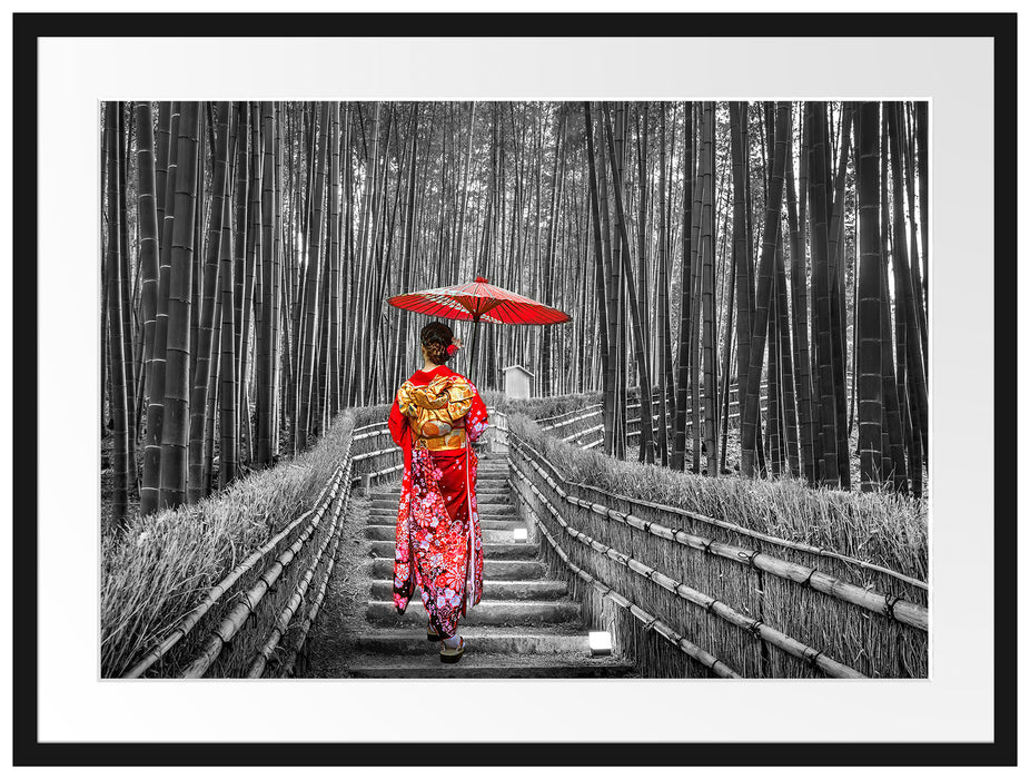 Frau im janapischen Kimono im Bambuswald B&W Detail Passepartout Rechteckig 80