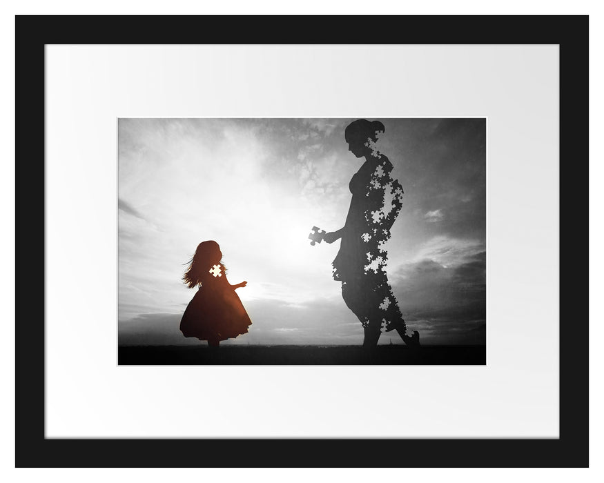 Pixxprint Silhouette Puzzle Mutter und Kind B&W Detail, im Galerie-Passepartout Bilderrahmen