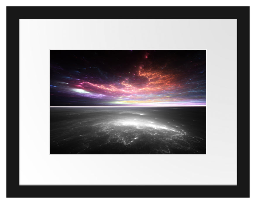 Pixxprint Horizont unter bunter Wolkendecke B&W Detail, im Galerie-Passepartout Bilderrahmen