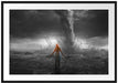 Frau am Strand vor düsterem Tornado B&W Detail Passepartout Rechteckig 100