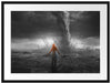 Frau am Strand vor düsterem Tornado B&W Detail Passepartout Rechteckig 80