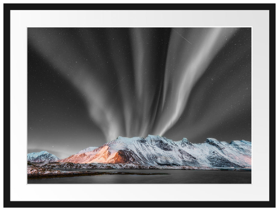 Nordlichter über Gletscher in Norwegen B&W Detail Passepartout Rechteckig 80