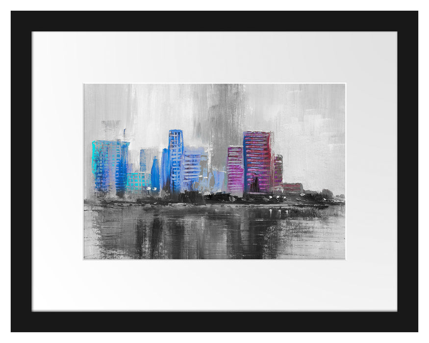 Pixxprint Abstraktes Ölgemälde einer Skyline B&W Detail, im Galerie-Passepartout Bilderrahmen