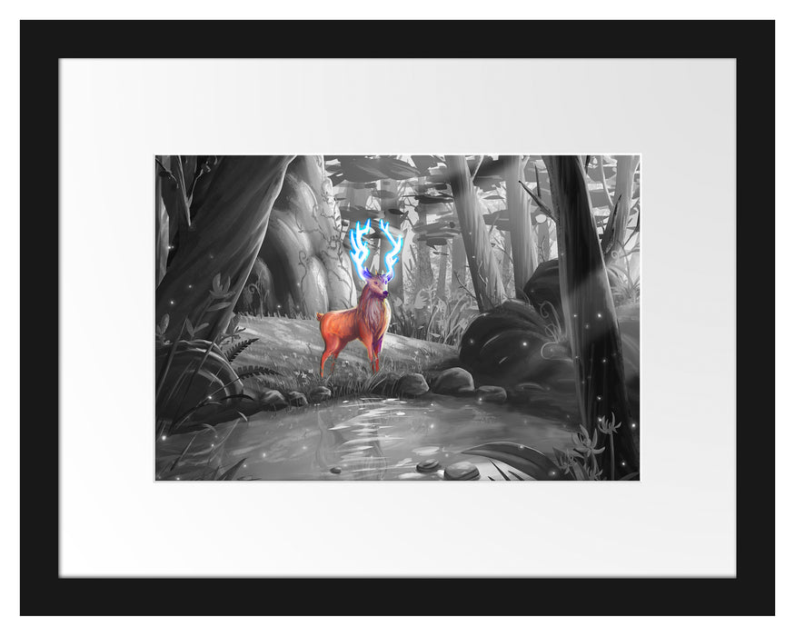 Pixxprint Märchenhafter Hirsch an buntem Waldsee B&W Detail, im Galerie-Passepartout Bilderrahmen