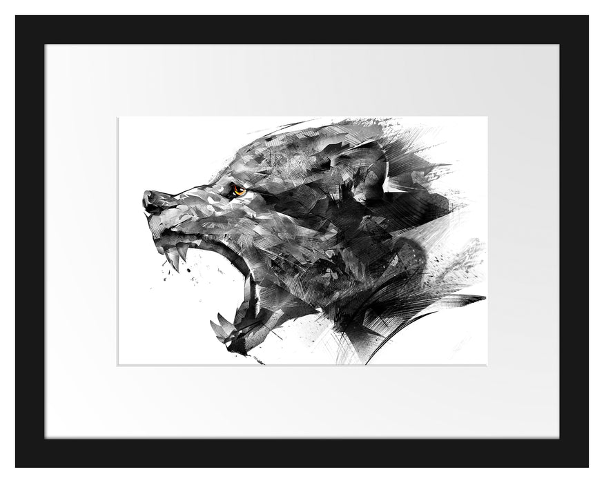 Pixxprint Abstrakter Wolfskopf im Profil B&W Detail, im Galerie-Passepartout Bilderrahmen