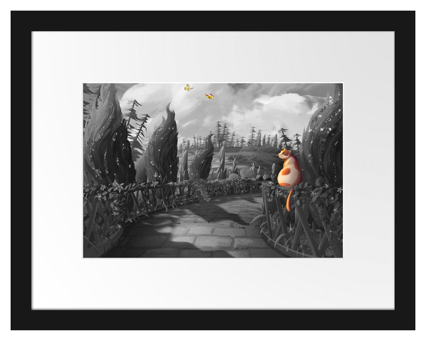 Pixxprint Katze auf Geländer im Wald B&W Detail, im Galerie-Passepartout Bilderrahmen