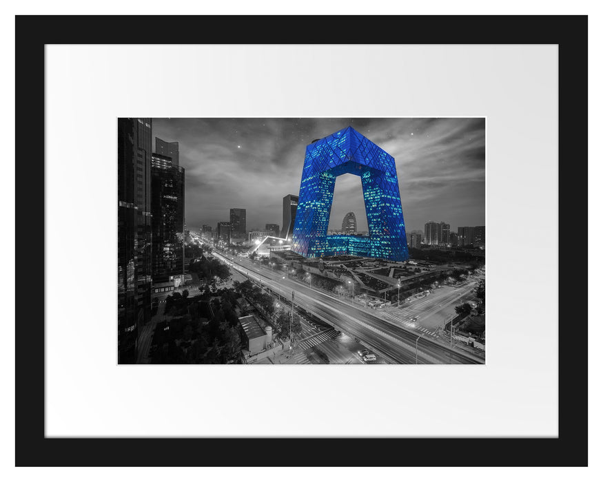 Pixxprint Straßenlichter bei Nacht in Peking B&W Detail, im Galerie-Passepartout Bilderrahmen