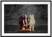 Indianische Frau und heulender Wolfshund B&W Detail Passepartout Rechteckig 100