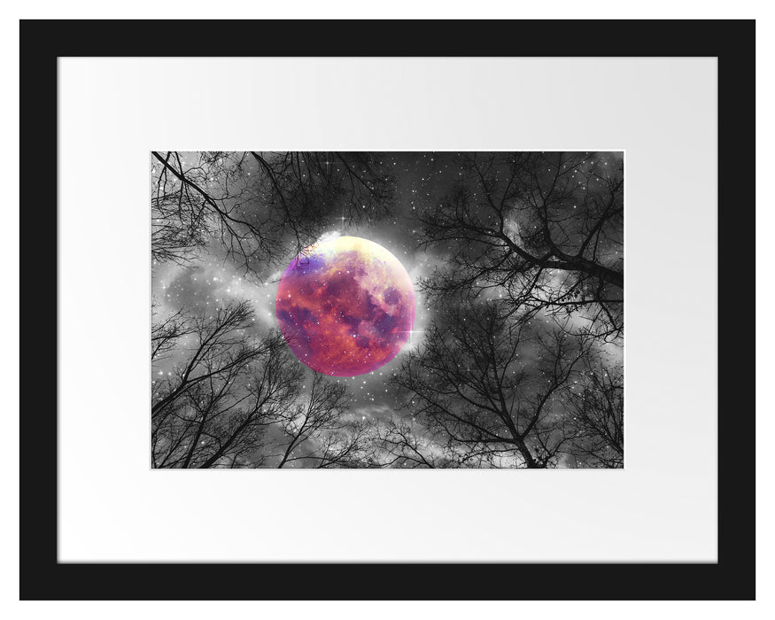 Pixxprint Farbenvolle Sternennacht bei Vollmond B&W Detail, im Galerie-Passepartout Bilderrahmen