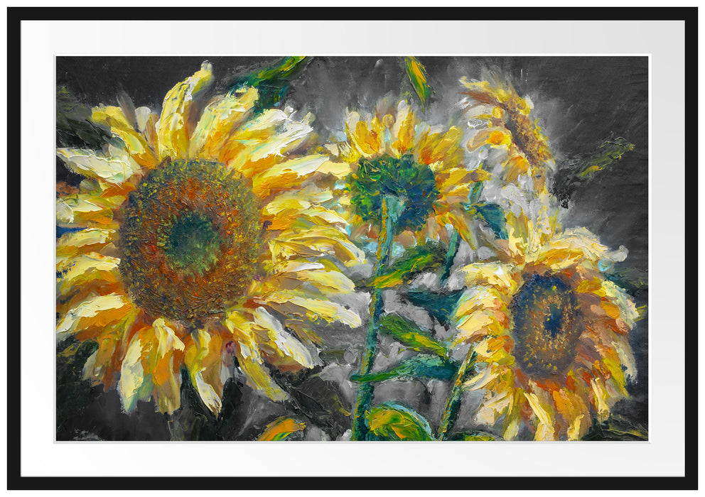 Sonnenblumen vor blauem Hintergrund B&W Detail Passepartout Rechteckig 100