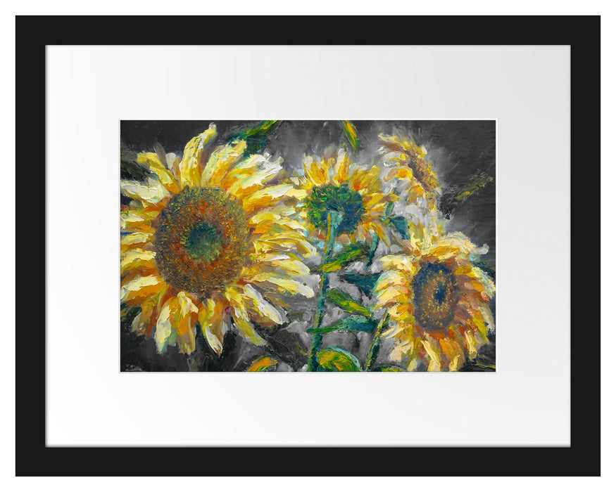 Pixxprint Sonnenblumen vor blauem Hintergrund B&W Detail, im Galerie-Passepartout Bilderrahmen
