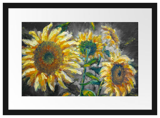 Sonnenblumen vor blauem Hintergrund B&W Detail Passepartout Rechteckig 40