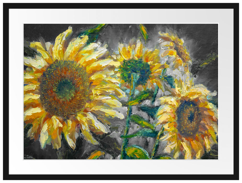Sonnenblumen vor blauem Hintergrund B&W Detail Passepartout Rechteckig 80