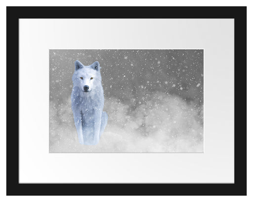 Majestätischer weißer Wolf im Schnee B&W Detail Passepartout Rechteckig 30