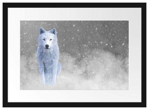 Majestätischer weißer Wolf im Schnee B&W Detail Passepartout Rechteckig 40