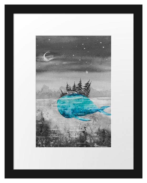 Pixxprint Fuchs reitet auf Wal bei Nacht B&W Detail, im Galerie-Passepartout Bilderrahmen