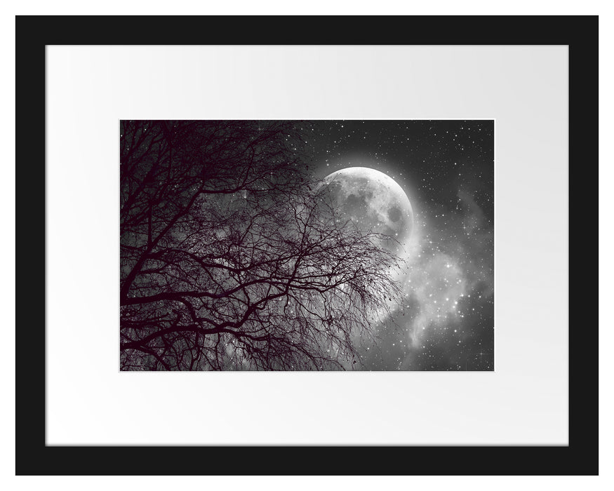 Pixxprint Winterbaum vor Vollmondnacht B&W Detail, im Galerie-Passepartout Bilderrahmen