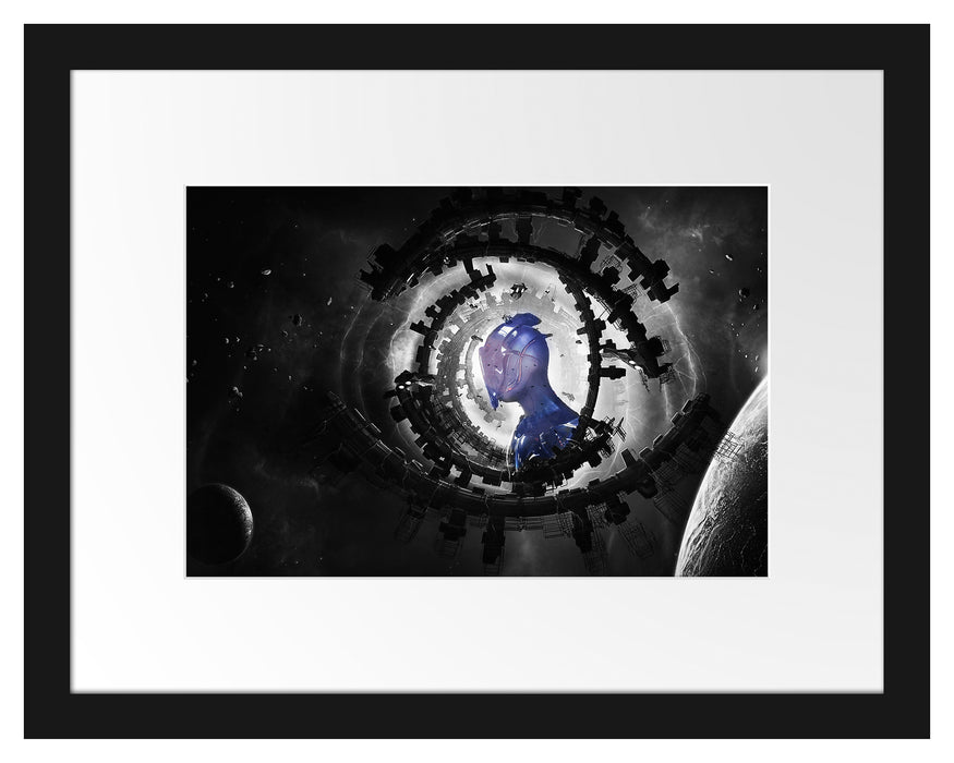 Pixxprint Abstraktes Auge mit Alien im Weltraum B&W Detail, im Galerie-Passepartout Bilderrahmen
