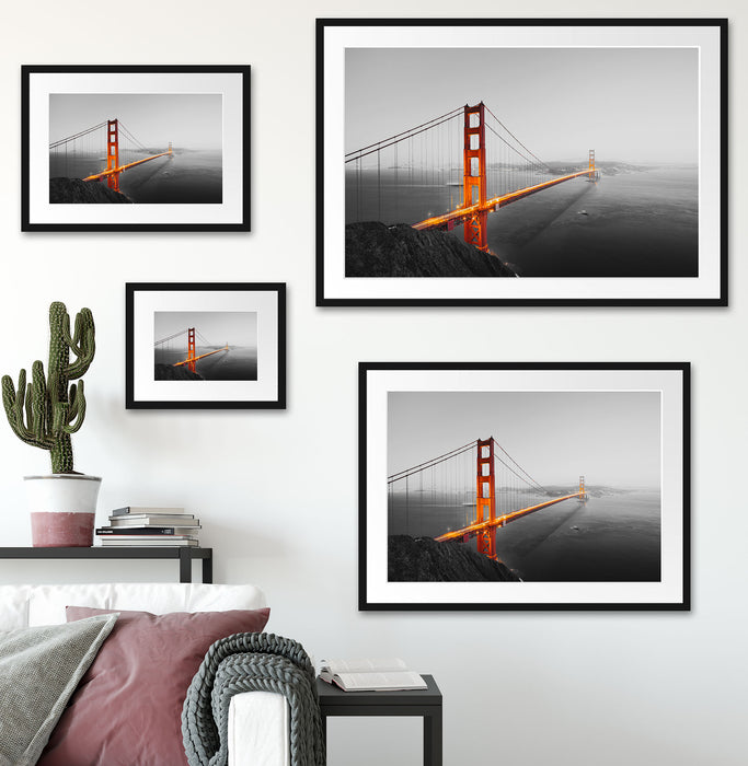 Golden Gate Bridge in der Abenddämmerung B&W Detail Passepartout Wohnzimmer Rechteckig