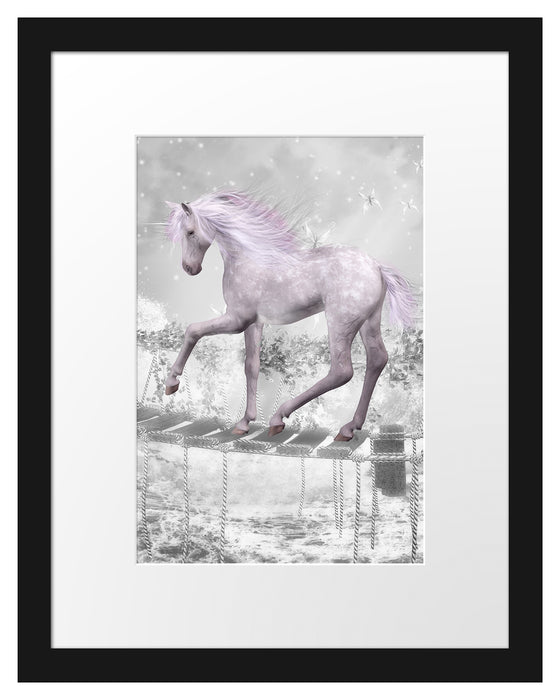 Pixxprint Einhorn läuft über Hängebrücke B&W Detail, im Galerie-Passepartout Bilderrahmen
