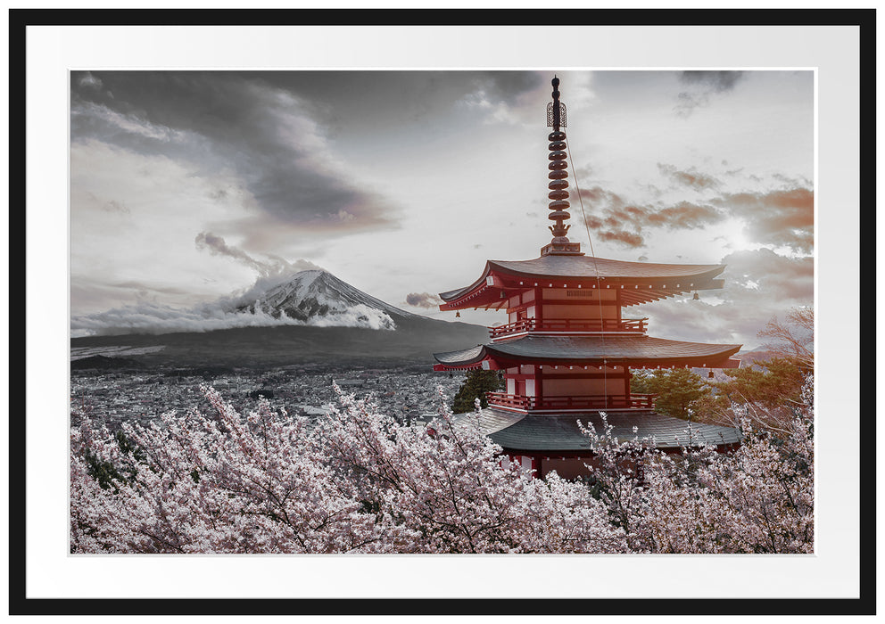 Japanischer Tempel zwischen Kirschblüten B&W Detail Passepartout Rechteckig 100