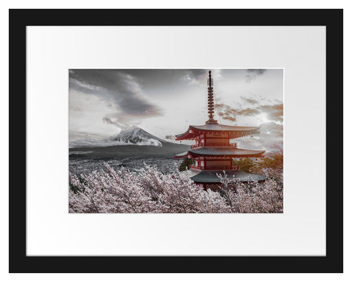 Japanischer Tempel zwischen Kirschblüten B&W Detail Passepartout Rechteckig 30